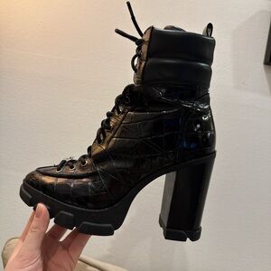 Michael Kors Black Croc-Embossed Lace-Up Ankle Boots